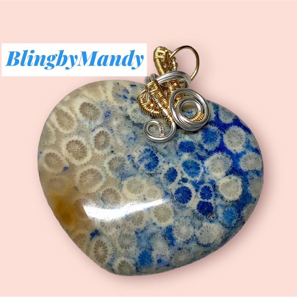 🦋💕Blue coral fossil heart  in tarnish proof copper